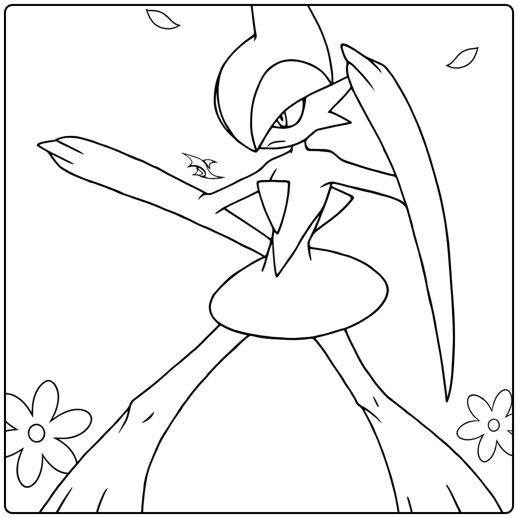 Gallade Kleurplaat in dynamische pose met bladeren