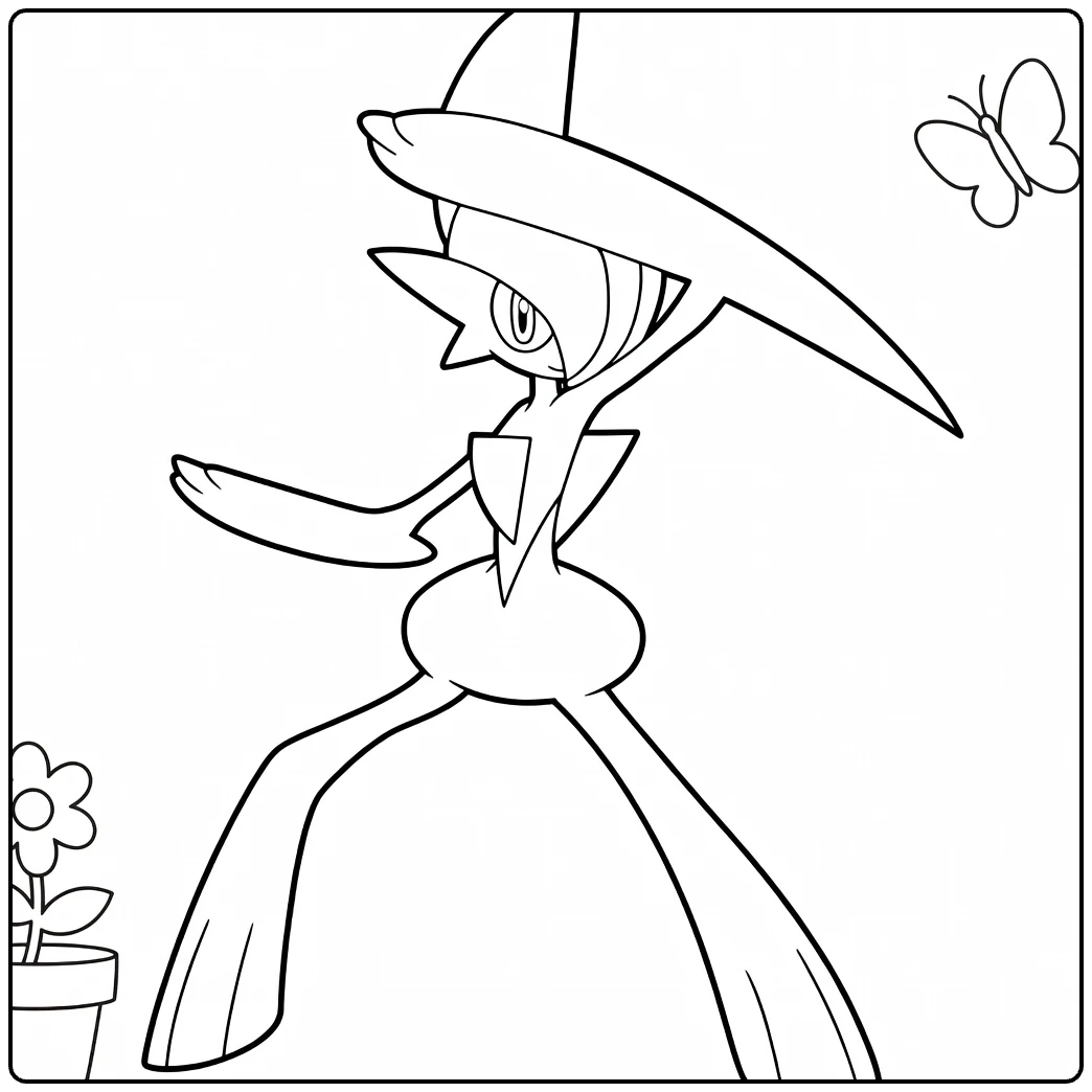 Gallade Kleurplaat Pokémon: actiepose met vlinder en bloempot