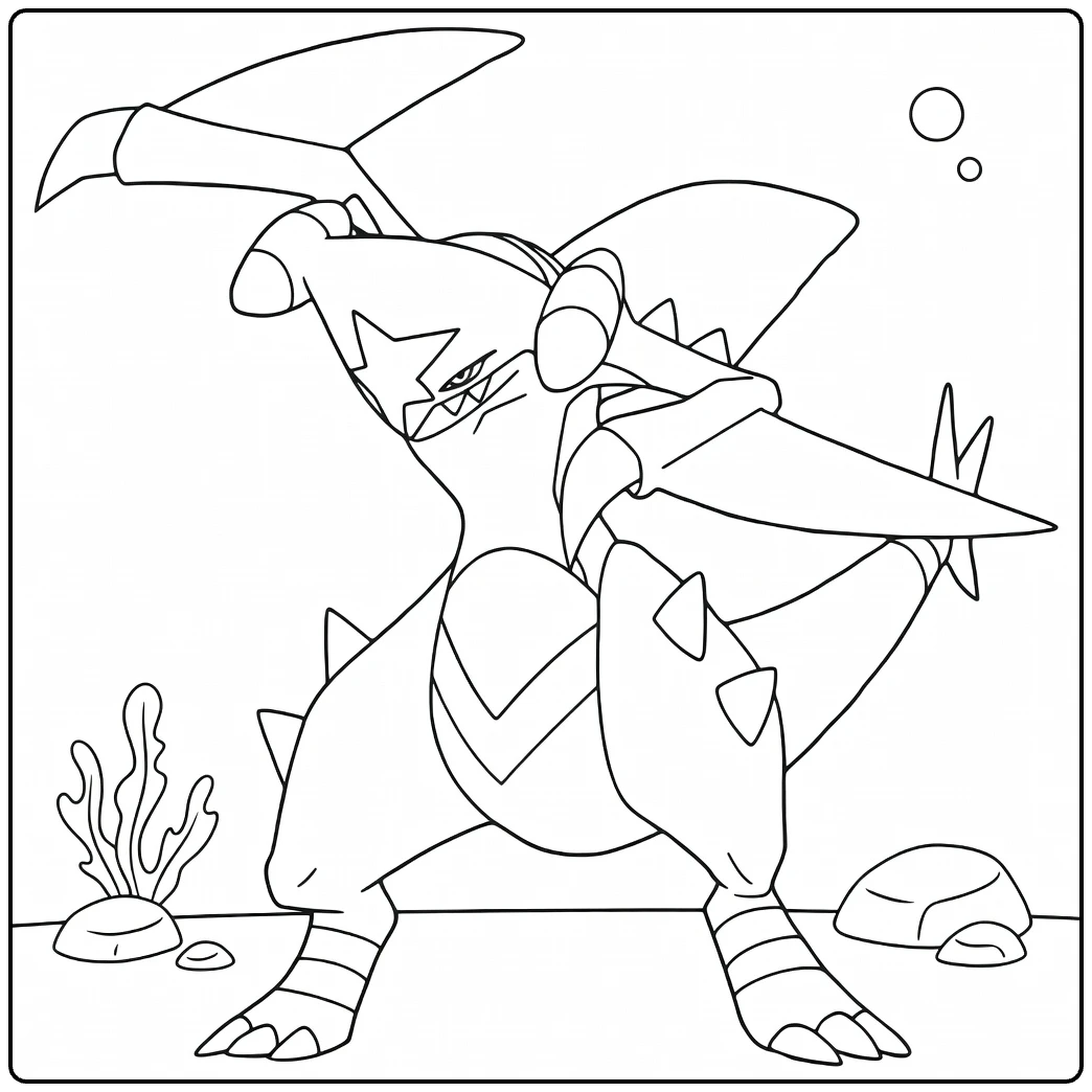 Garchomp Kleurplaat: stoere Pokémon drake in zeeactie