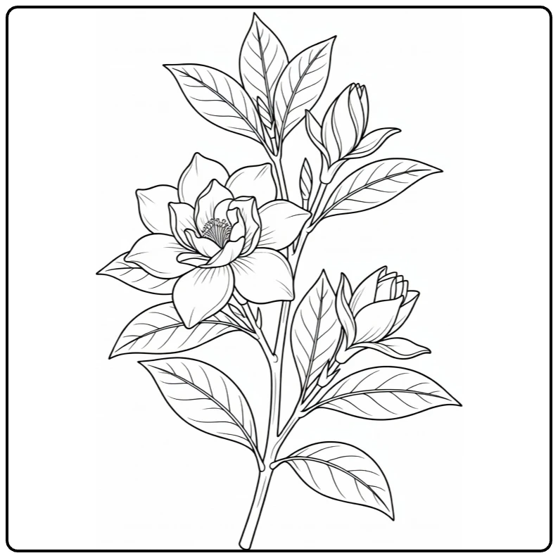 Gardenia kleurplaat met open bloem twee knoppen en bladeren
