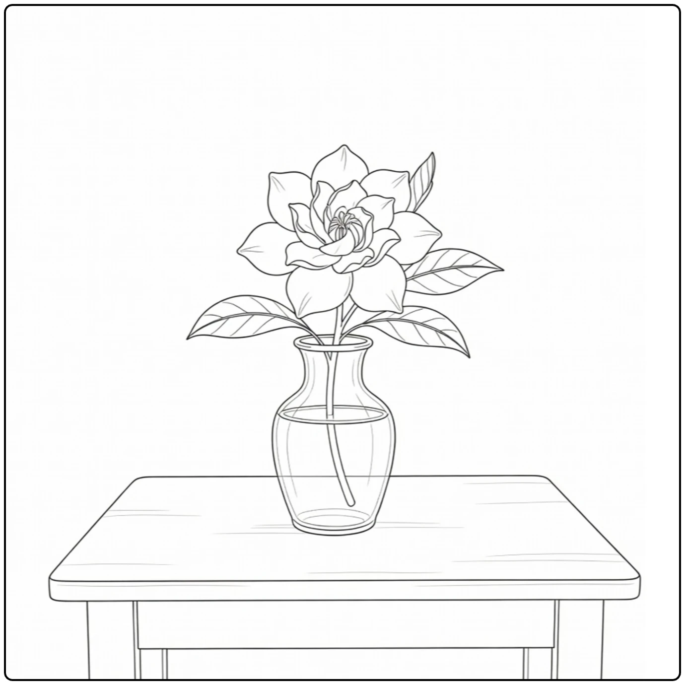 Gardenia kleurplaat bloem in glasvaas op tafel