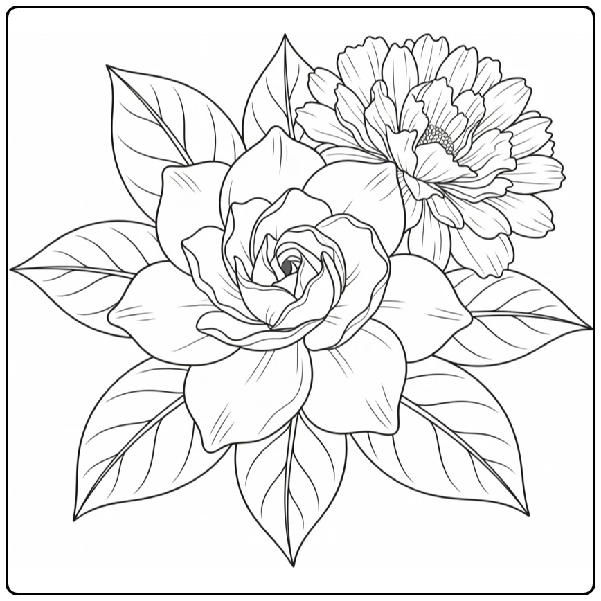 Gardenia kleurplaat met ronde spiraalbloem en bladeren
