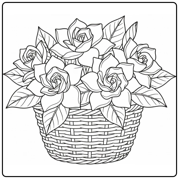 Gardenia kleurplaat mand met bloemen en bladeren