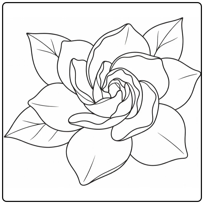 Gardenia kleurplaat bloem met spiraalpetalen en drie bladeren