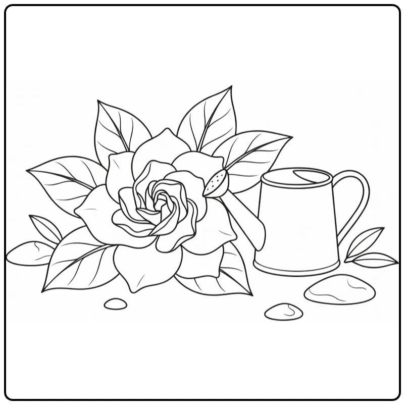 Gardenia kleurplaat met bloem naast gieter en stenen