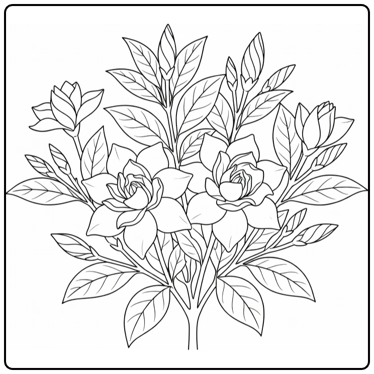 gardenia kleurplaat met twee open bloemen en knoppen