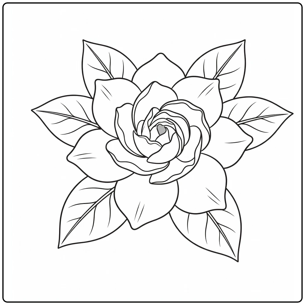 Gardenia kleurplaat met bloeiende bloem en ovale bladeren
