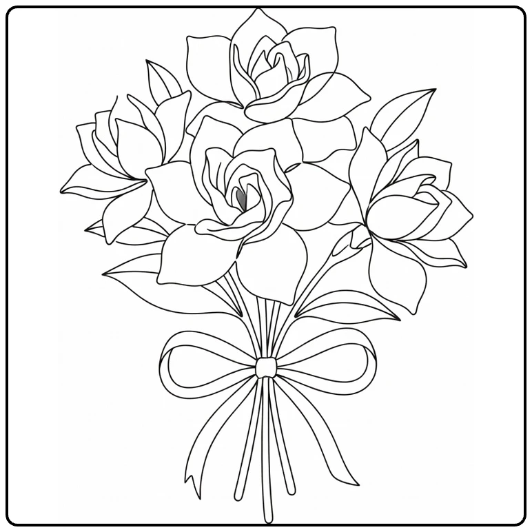 Gardenia kleurplaat boeket met lint en drie bloesems