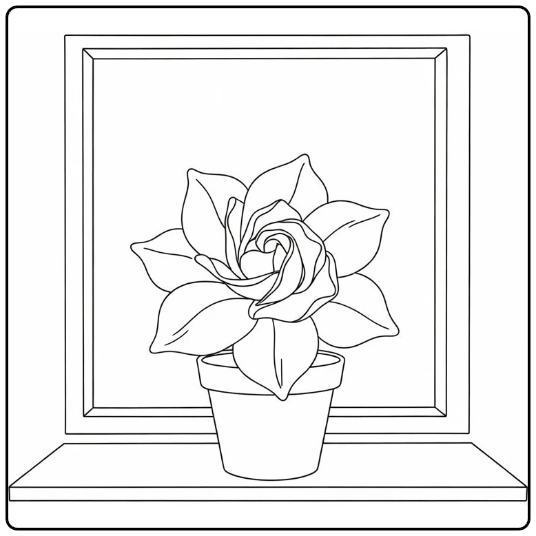 gardenia kleurplaat met bloem op vensterbank in pot