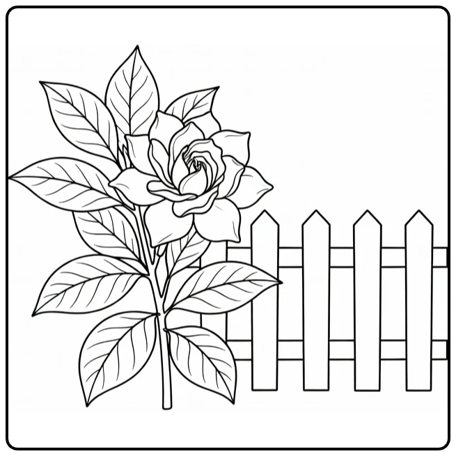 Gardenia kleurplaat met bloem naast houten tuinhek