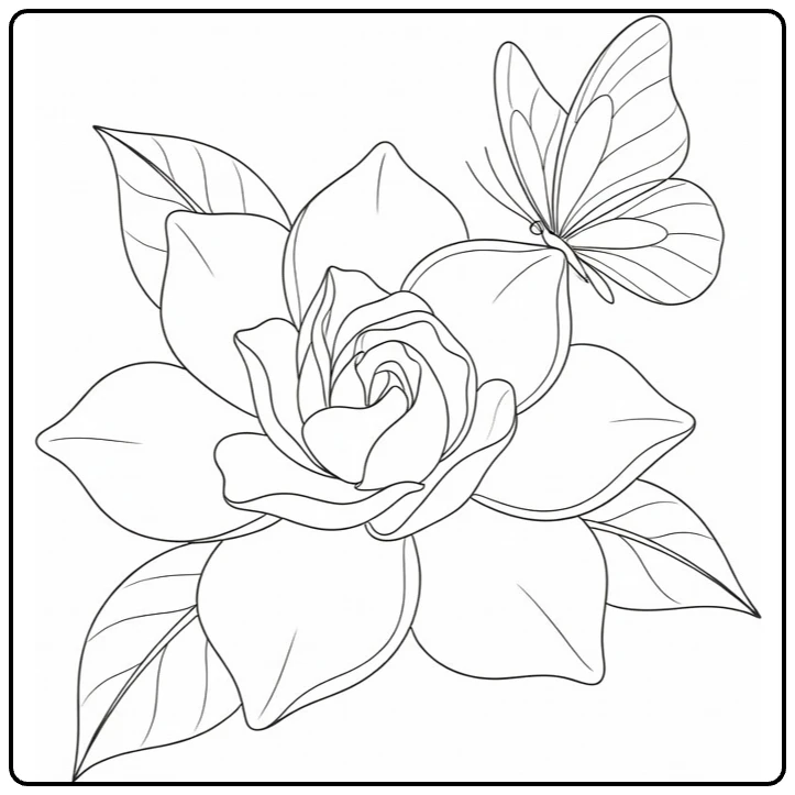 Gardenia kleurplaat met vlinder op grote bloem