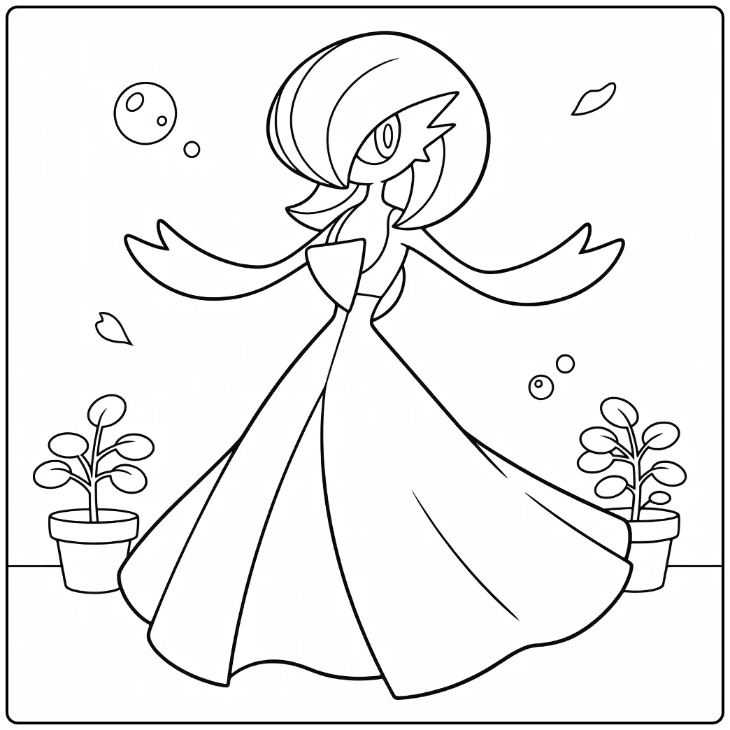 Gardevoir Kleurplaat: elegante Pokémon in jurk met bubbels