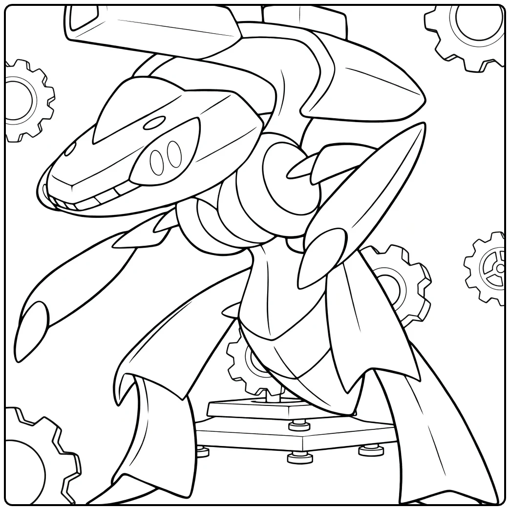 Genesect kleurplaat met kanon en tandwielen