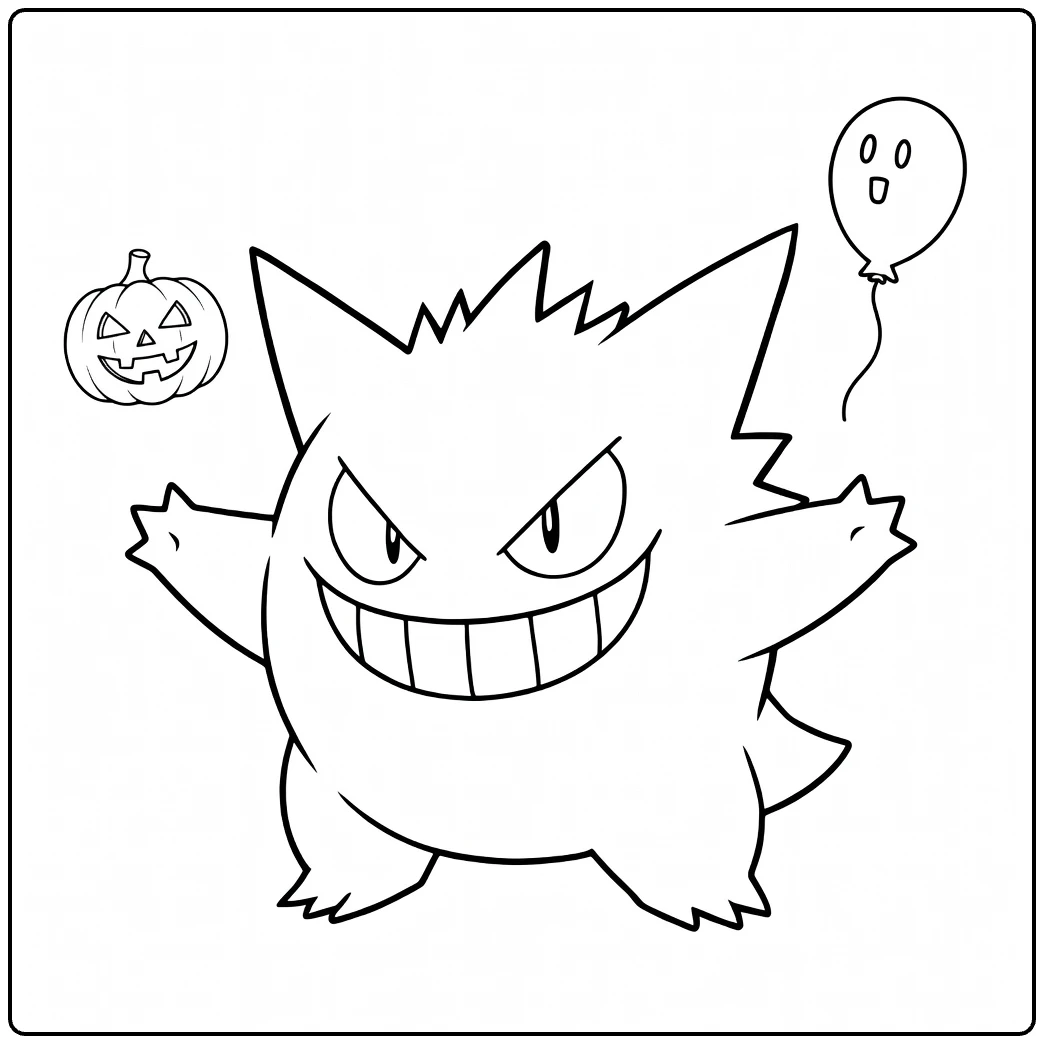 Gengar Kleurplaat met Halloween pompoen en spookballon