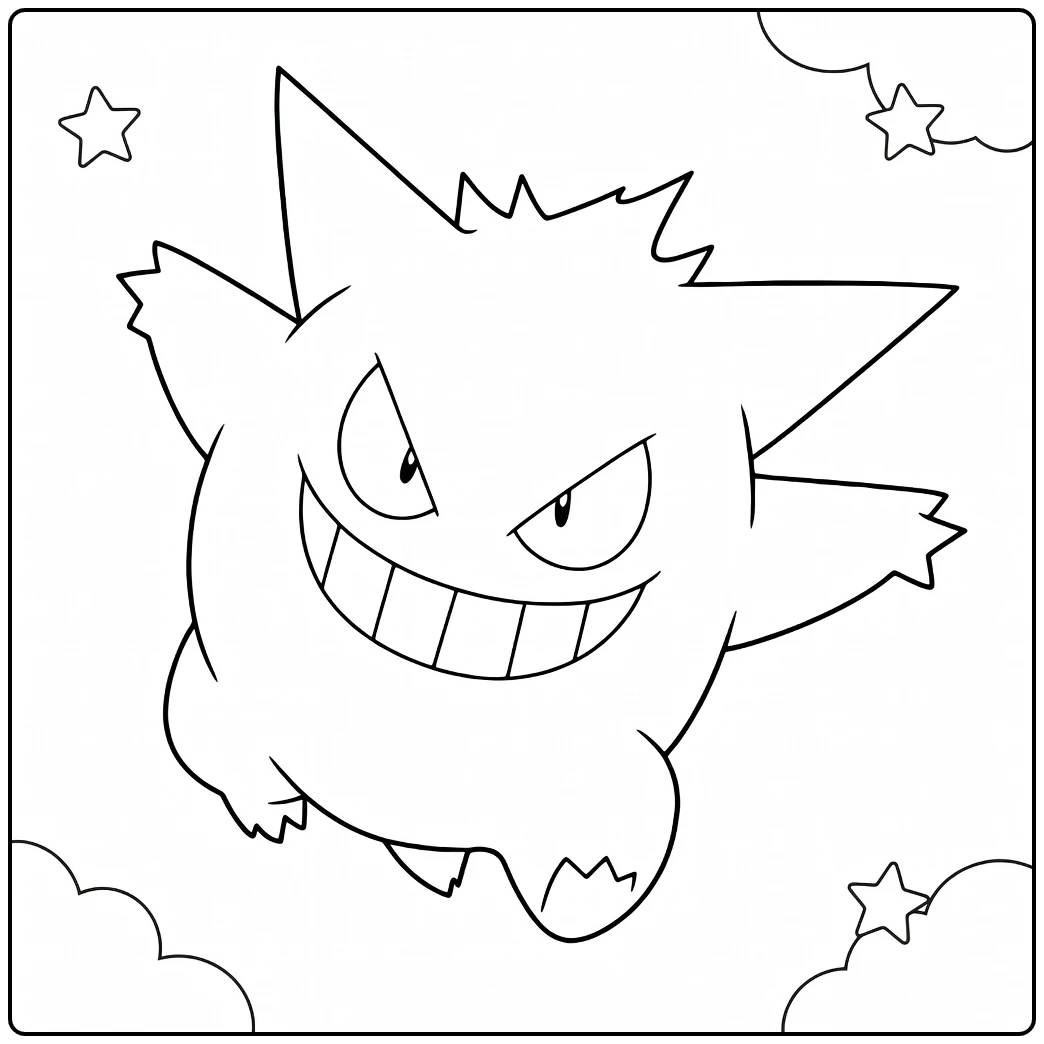 Gengar Kleurplaat: grinnikend spook met wolken en sterren