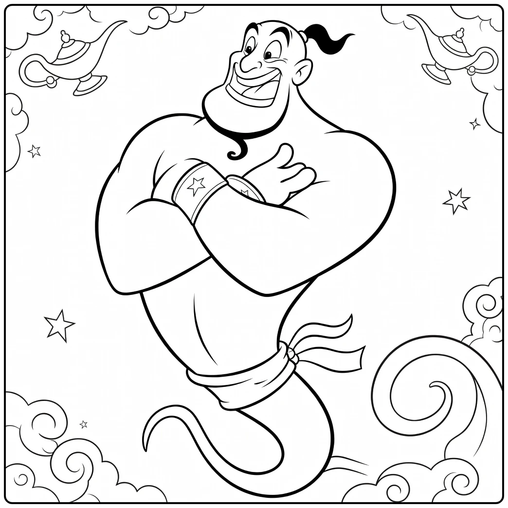 Genie kleurplaat lachende gespierde genie armen gekruist