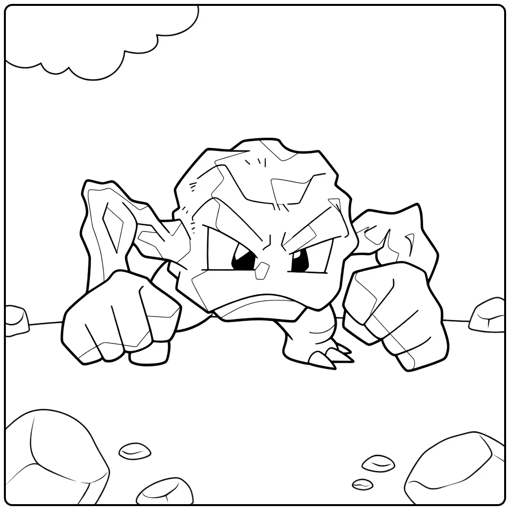 Geodude kleurplaat: boze rots-Pokémon met vuisten