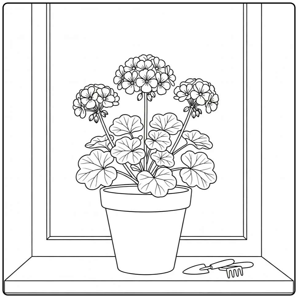 geranium kleurplaat bloeiende plant in kleipot op vensterbank