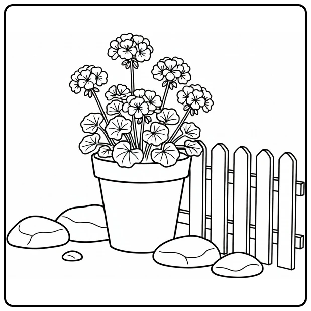 Geranium kleurplaat van rustige achtertuin met planter