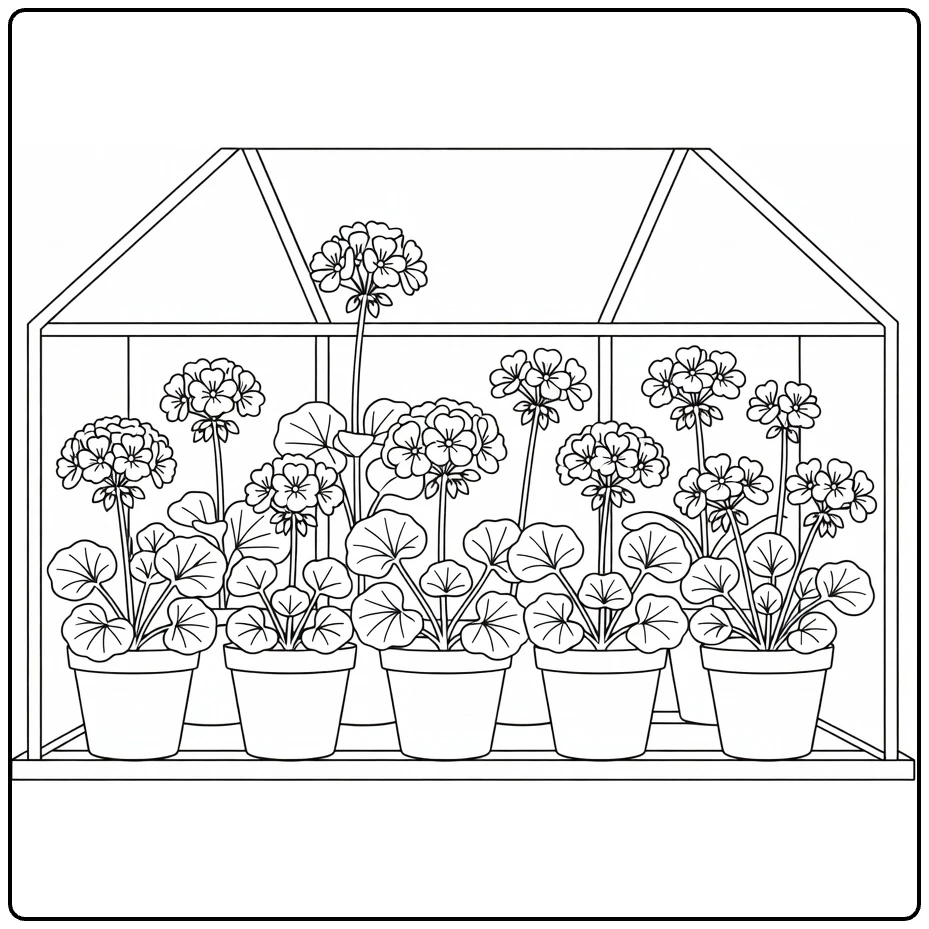 geranium kleurplaat kasplank met potten bloemen