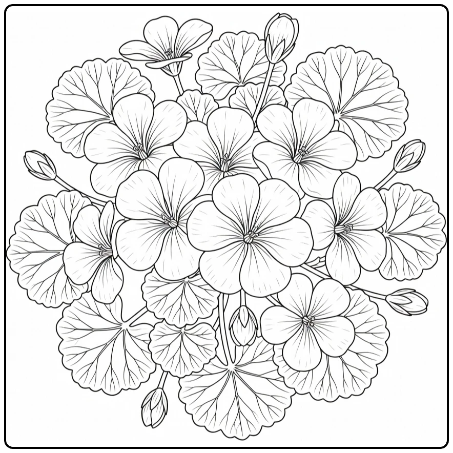 Geranium kleurplaat met bloemclusters en bladeren