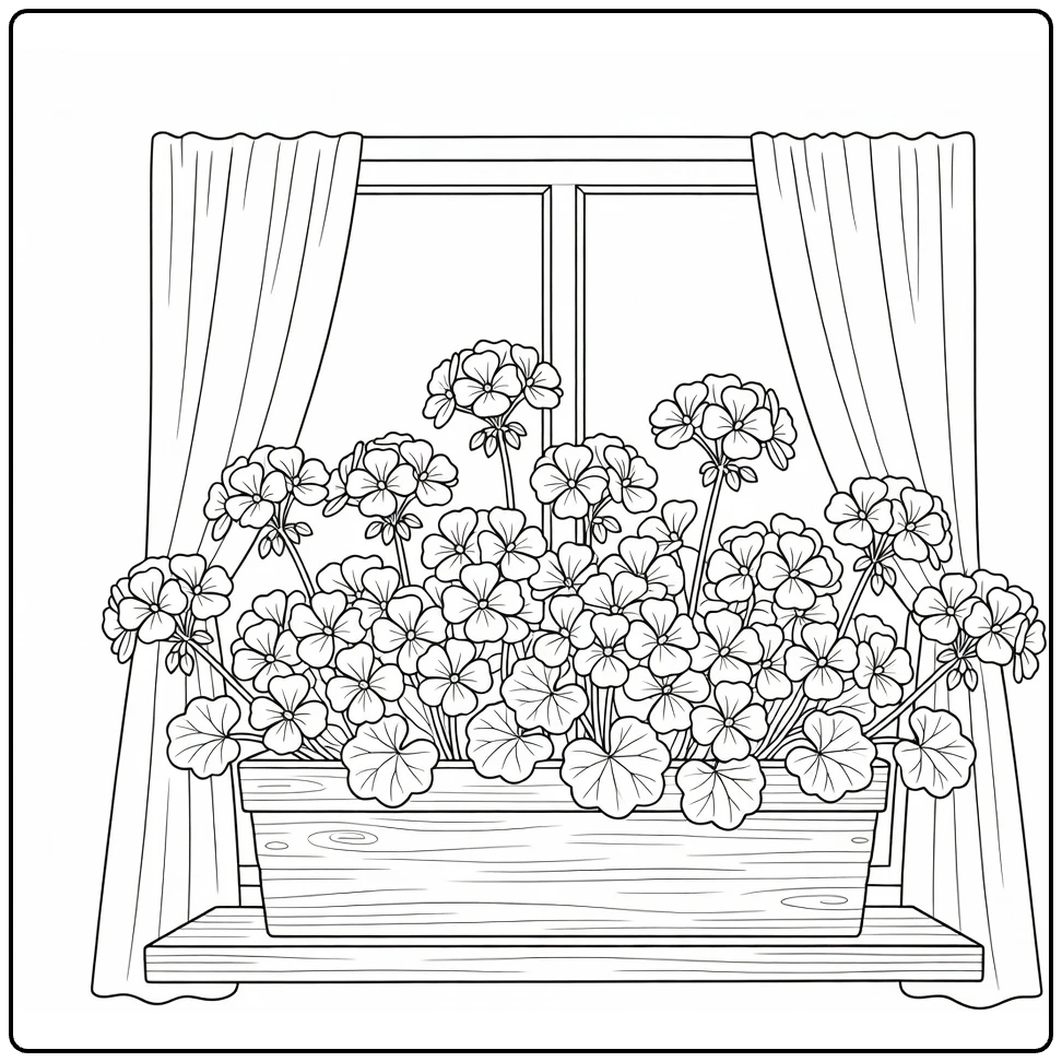 Geranium kleurplaat met bloembak op cottage raam