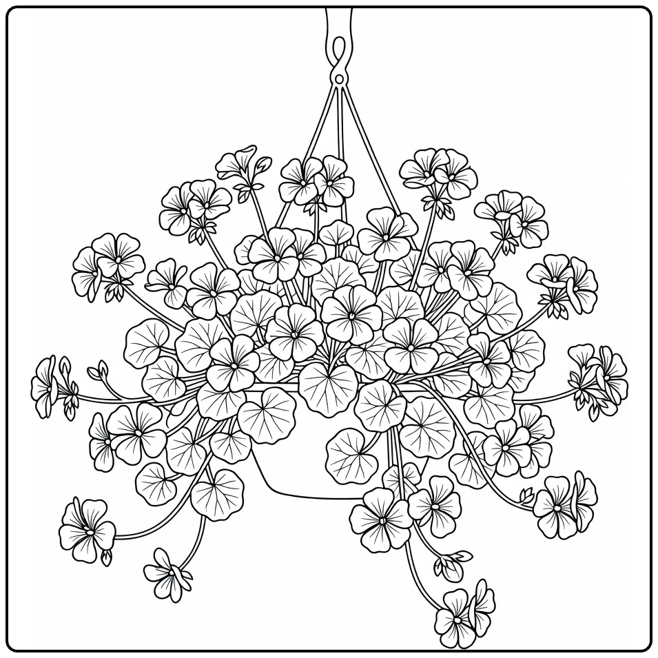 geranium kleurplaat hangende mand met cascaderende bloemen