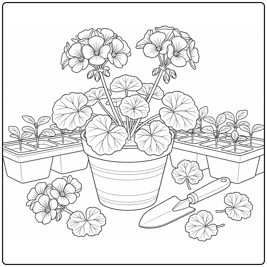 Geranium kleurplaat met potplant op tuintafel en schepje
