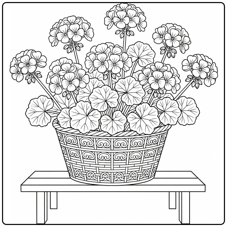 Geranium kleurplaat met mand vol bloemen op tuinbank