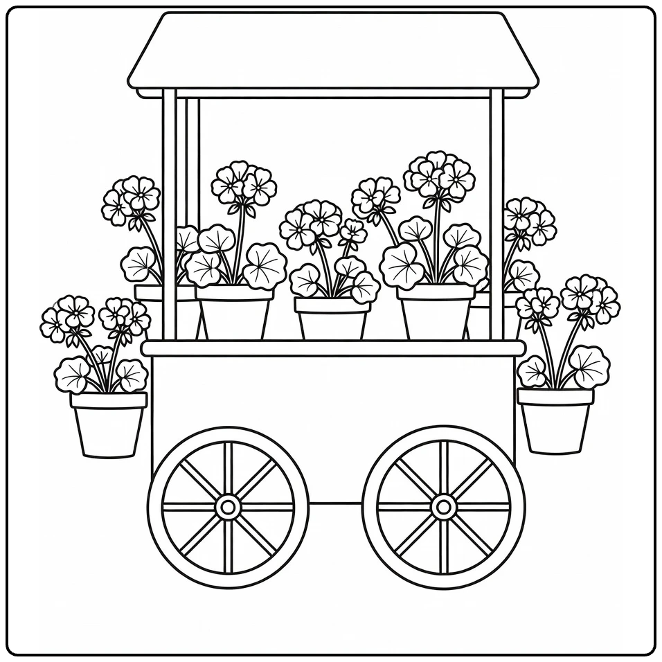 geranium kleurplaat vintage bloemencart met potten geraniums
