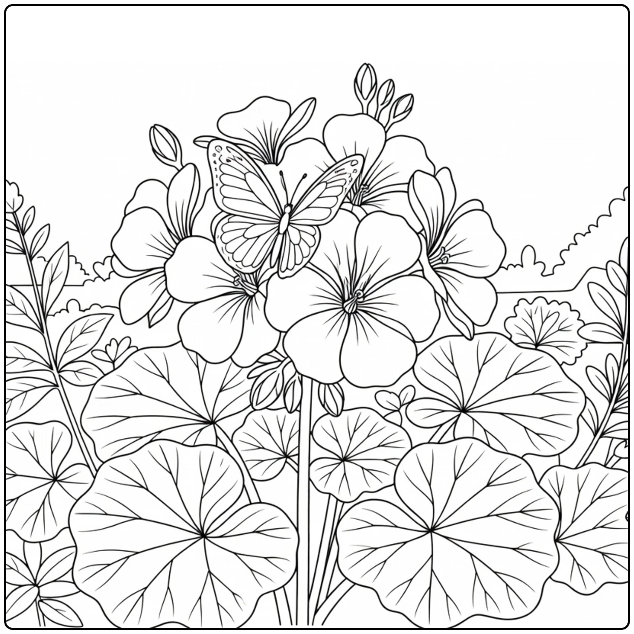 geranium kleurplaat met vlinder op bloemtros en bladeren