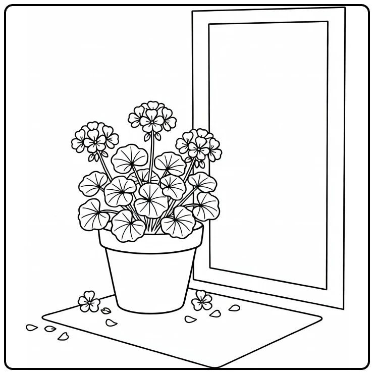 Geranium kleurplaat met bloempot op charmante stoep