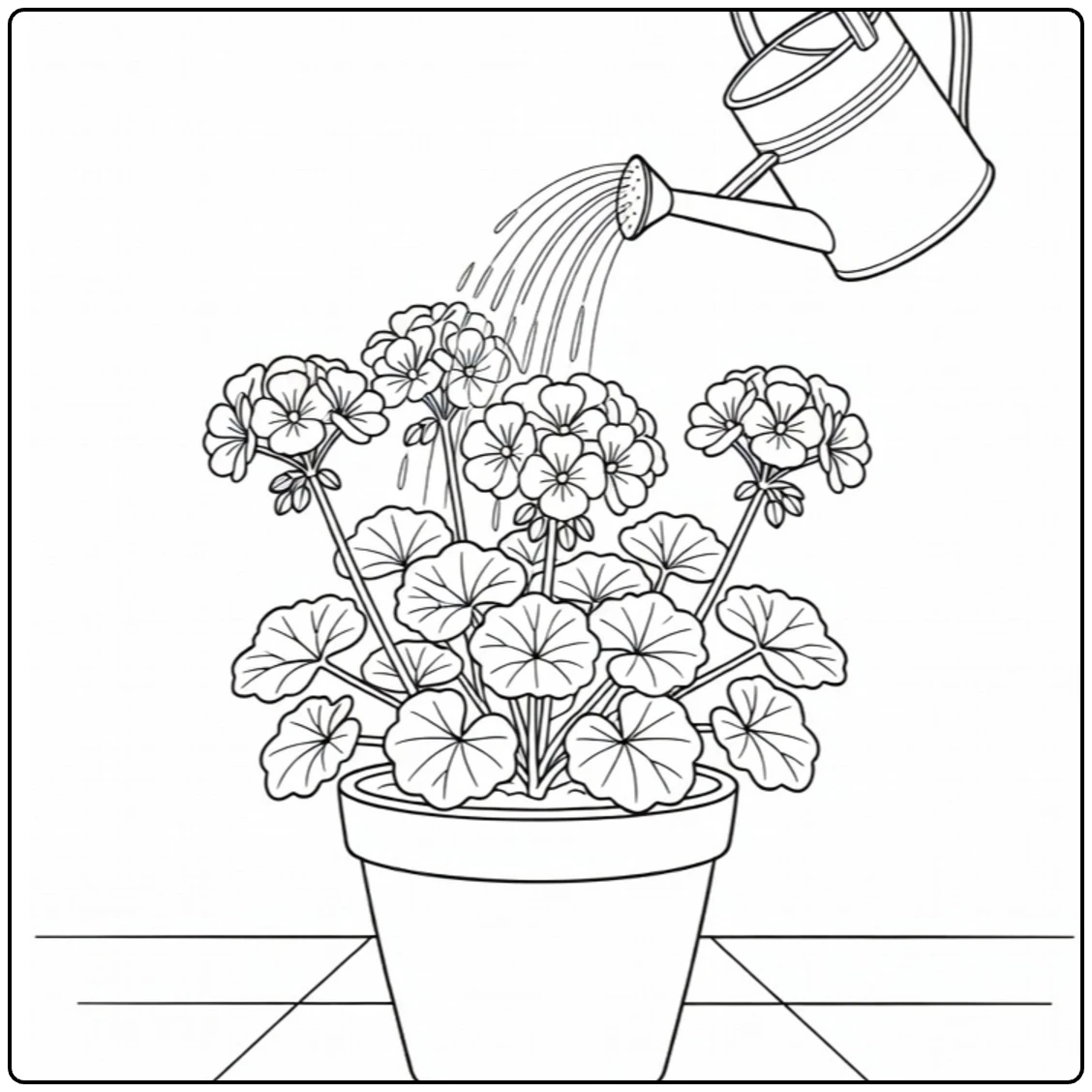 Geranium kleurplaat met gieter die water giet over bloempot