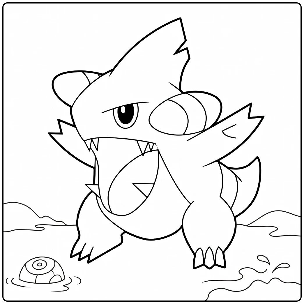 Gible Kleurplaat: stoere Pokémon landhaai bij water