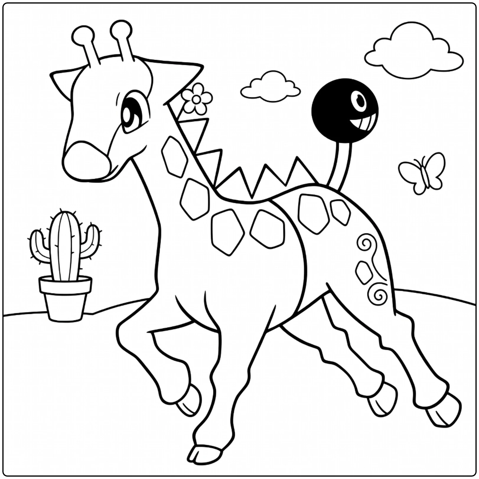 Girafarig Kleurplaat: Pokémon met vlinder, cactus en wolken