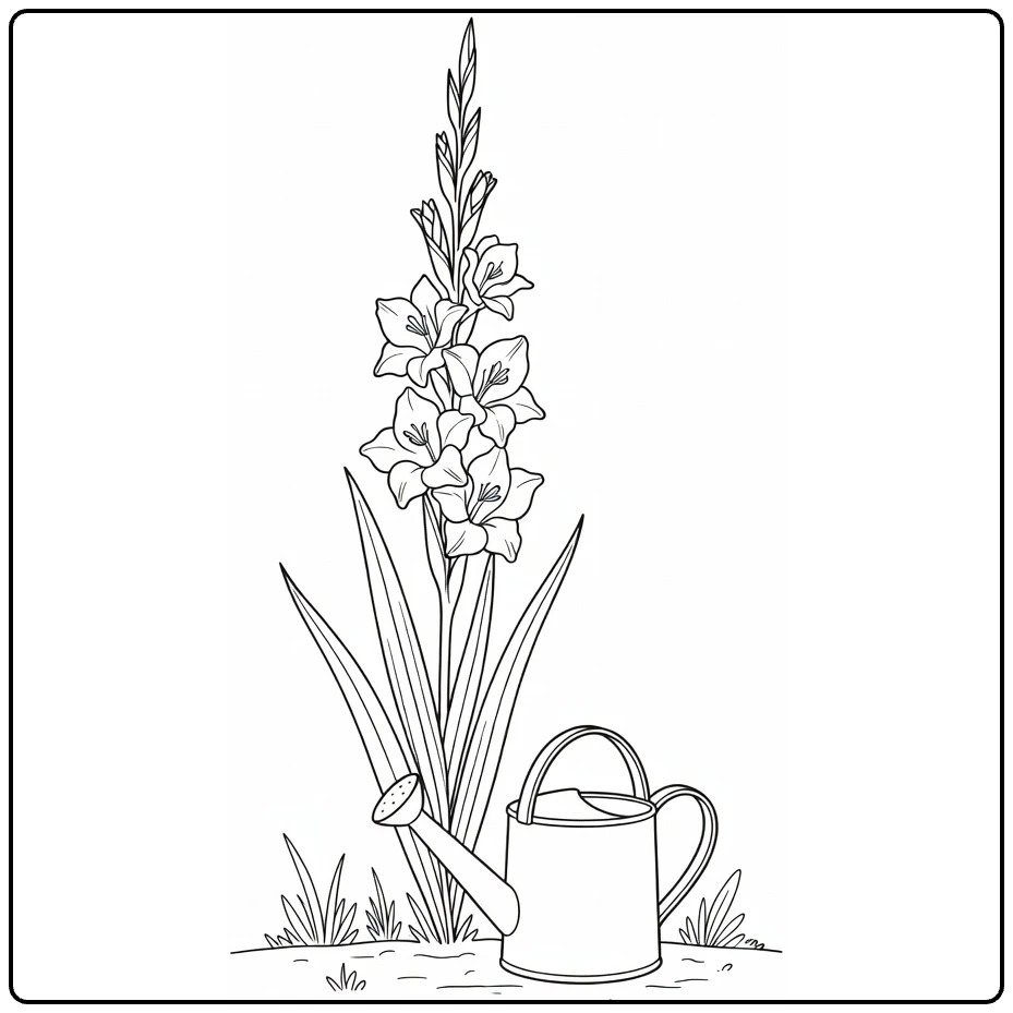 gladiool kleurplaat met hoge gladiool en gieter in tuin