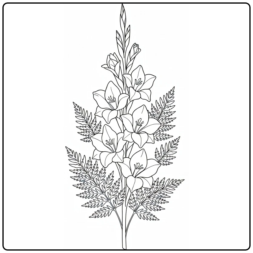 Gladiool kleurplaat met gladiolensteel en varenbladeren