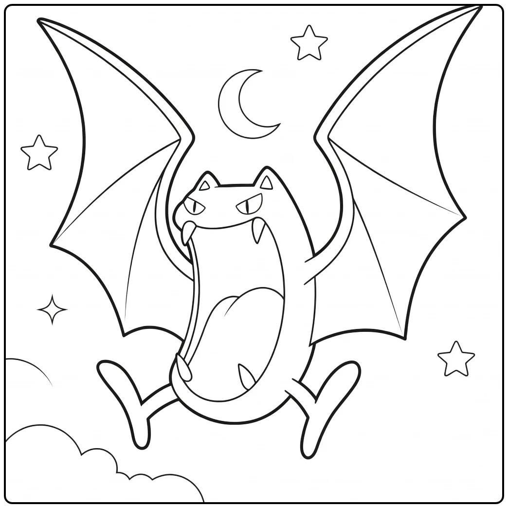 Golbat Kleurplaat: vliegende vleermuis Pokémon met maan