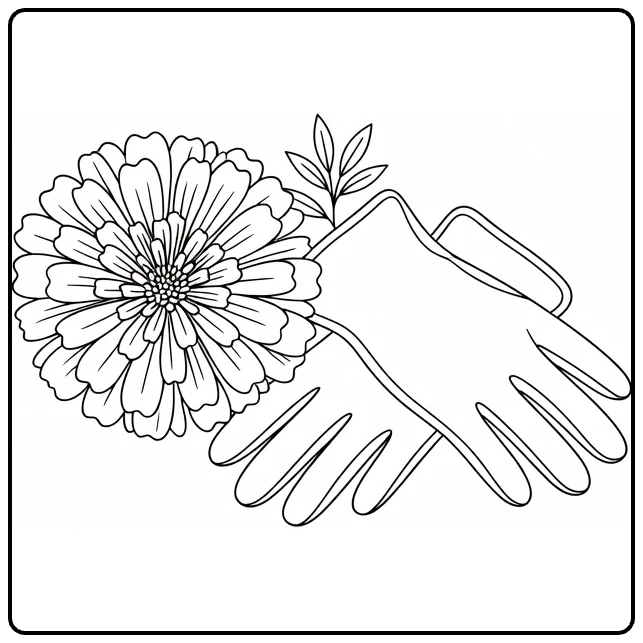 goudsbloem kleurplaat met bloem en tuinhandschoenen