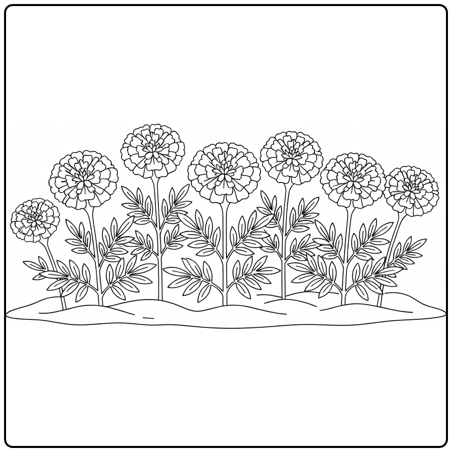 Goudsbloem kleurplaat met rij goudsbloemen in bloembed