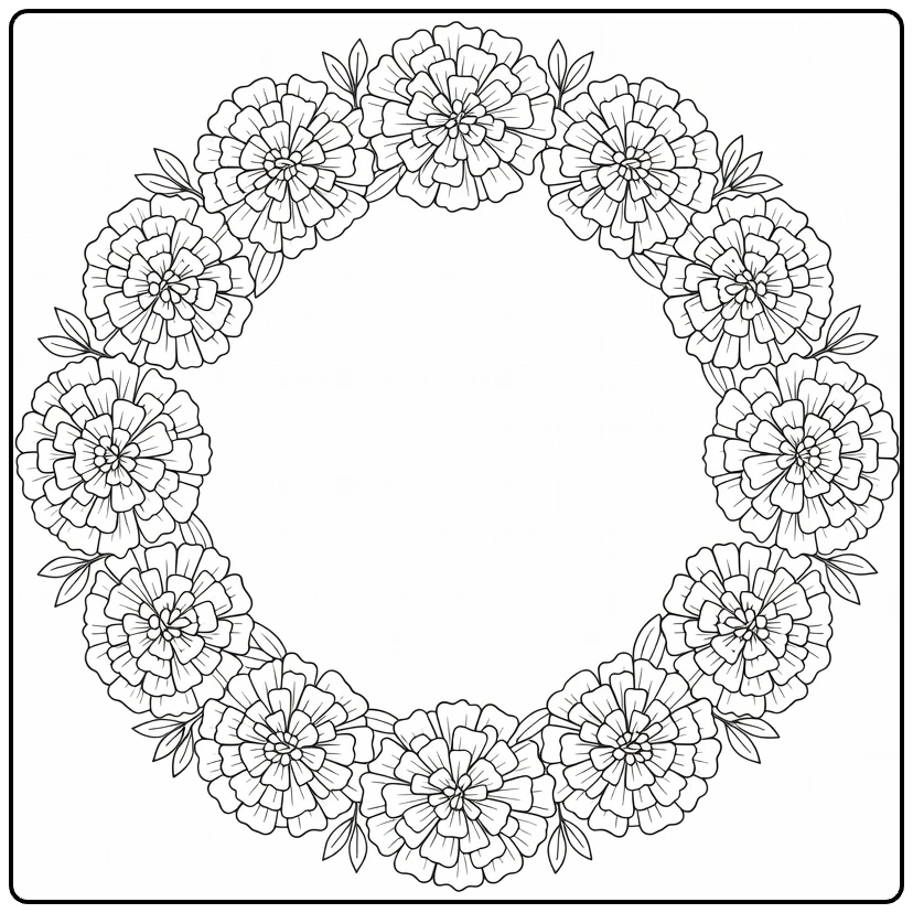 Goudsbloem kleurplaat ronde krans van bloemen en bladeren
