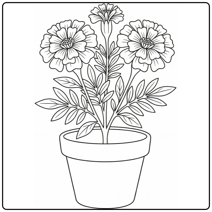 goudsbloem kleurplaat met plant in kleipot en bloemen