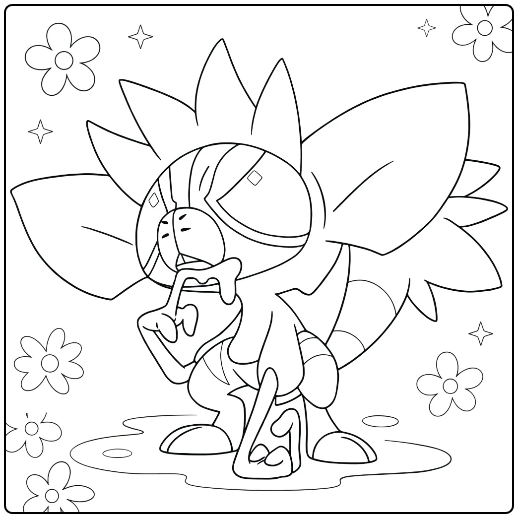Grafaiai kleurplaat: Pokémon likt vinger met bloemen