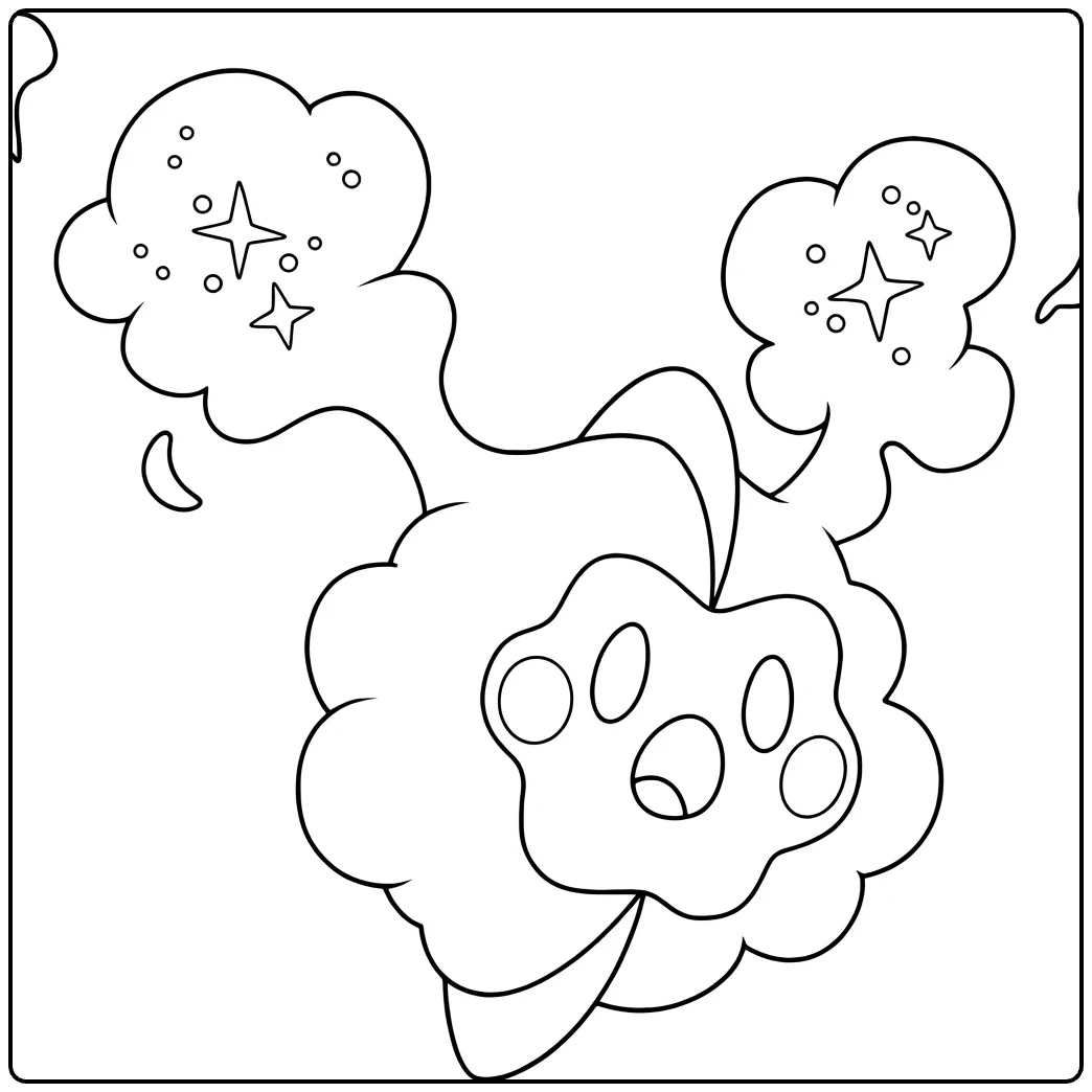 Cosmog Kleurplaat: pluizig Pokémon met sterren en maan