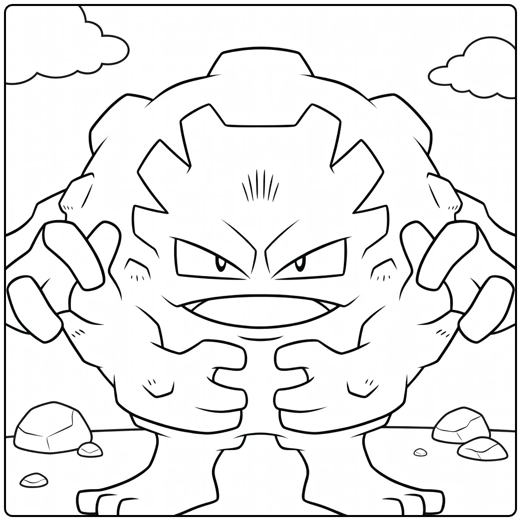 Graveler kleurplaat: boze rots-Pokémon met 4 armen