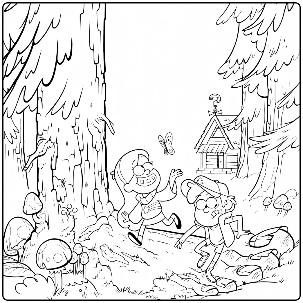 Gravity Falls Kleurplaat met Mabel en Dipper in het bos