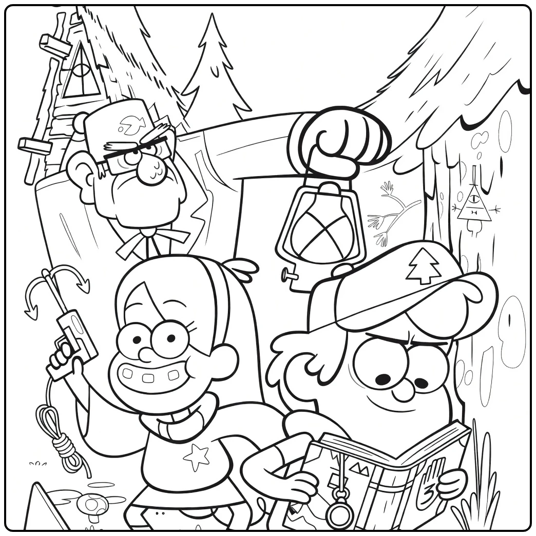 Gravity Falls Kleurplaat met Dipper Mabel en Stan
