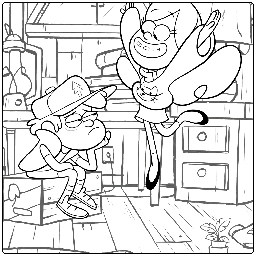 Gravity Falls Kleurplaat met Dipper en opgewonden Mabel