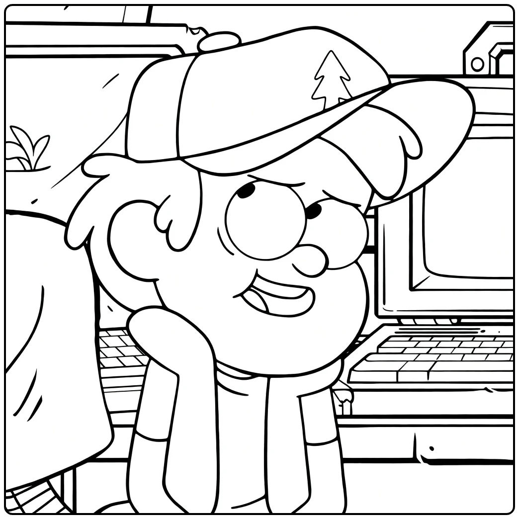 Gravity Falls Kleurplaat Dipper bij computer en tv