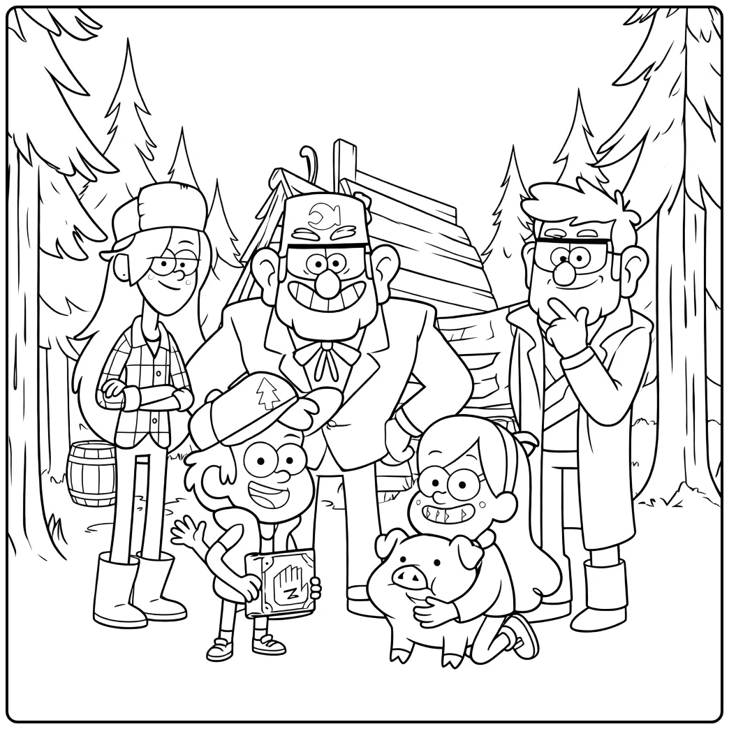 Gravity Falls Kleurplaat met Dipper Mabel Stan en Waddles